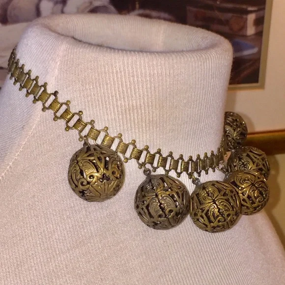 Antique Victorian Brass Filigree Ball Book Link Chain Necklace - Picture 8 of 17